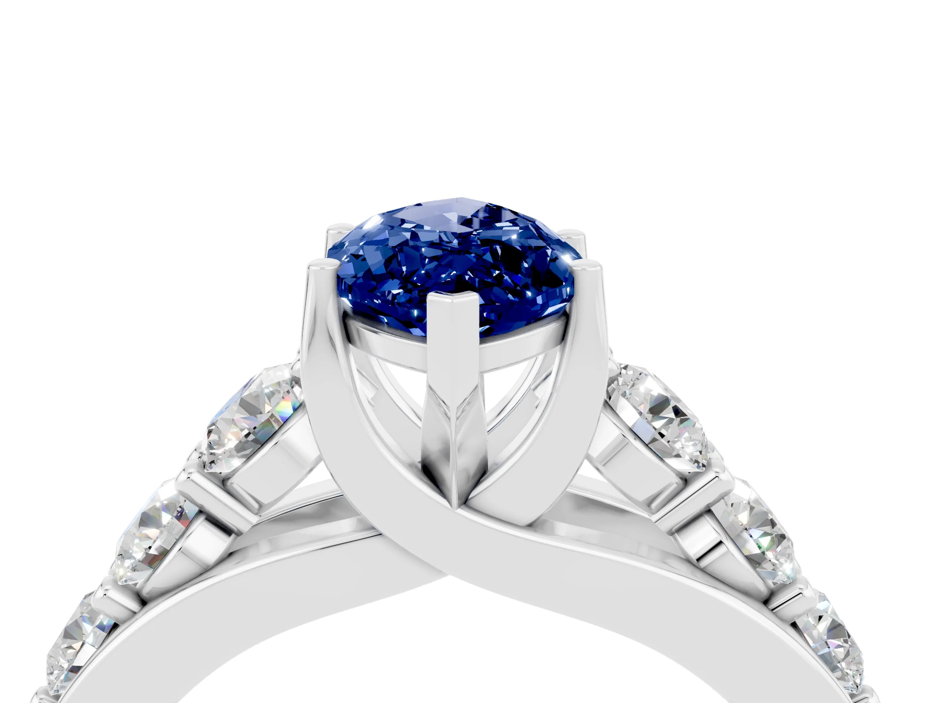 White gold Marquise Cut Blue Sapphire Engagement Ring with Pavé Band and Four-Prong Setting_4