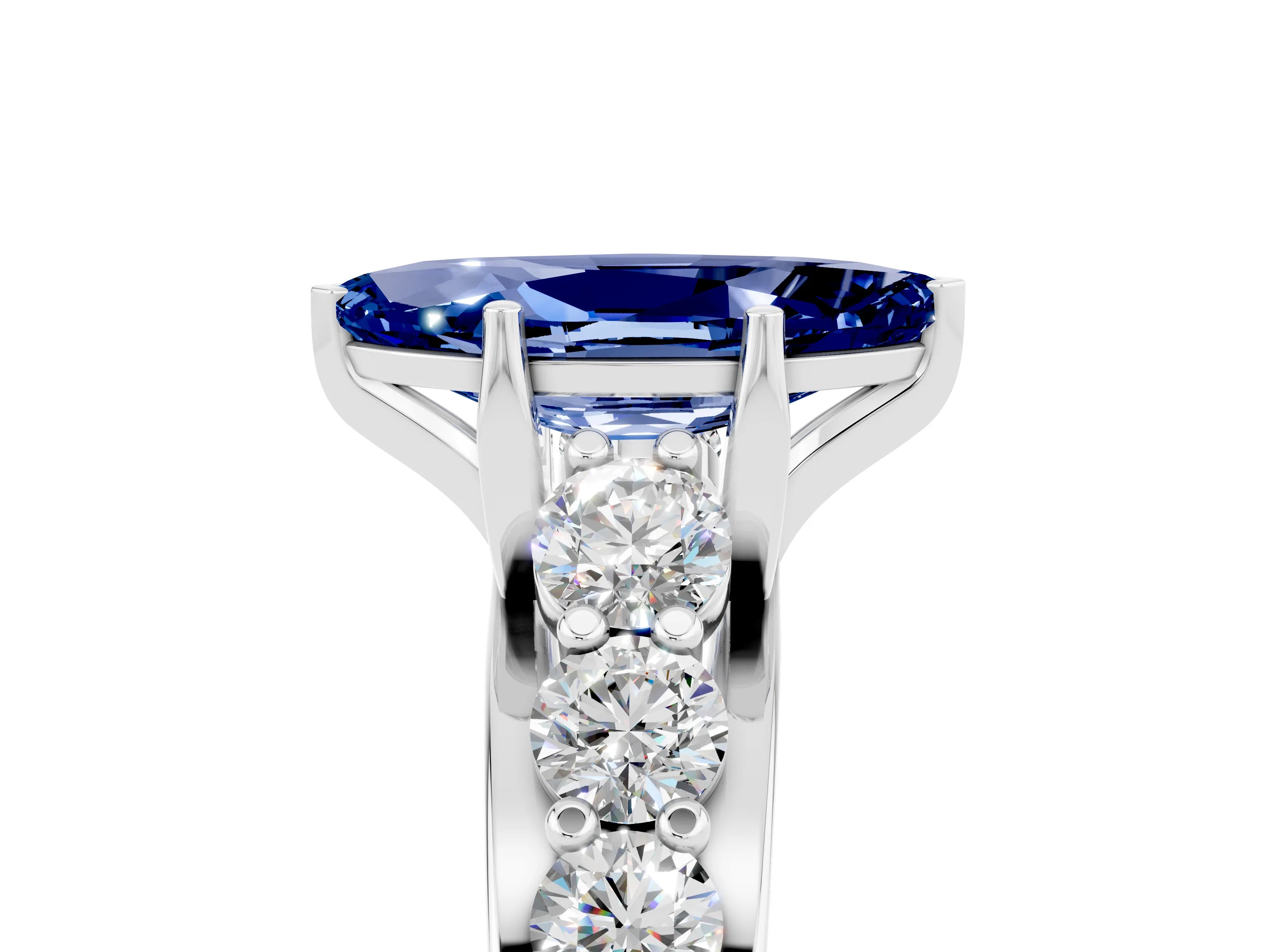 White gold Marquise Cut Blue Sapphire Engagement Ring with Pavé Band and Four-Prong Setting_5