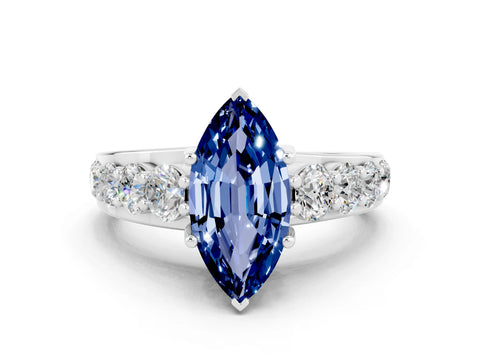 White gold Marquise Cut Blue Sapphire Engagement Ring with Pavé Band and Four-Prong Setting