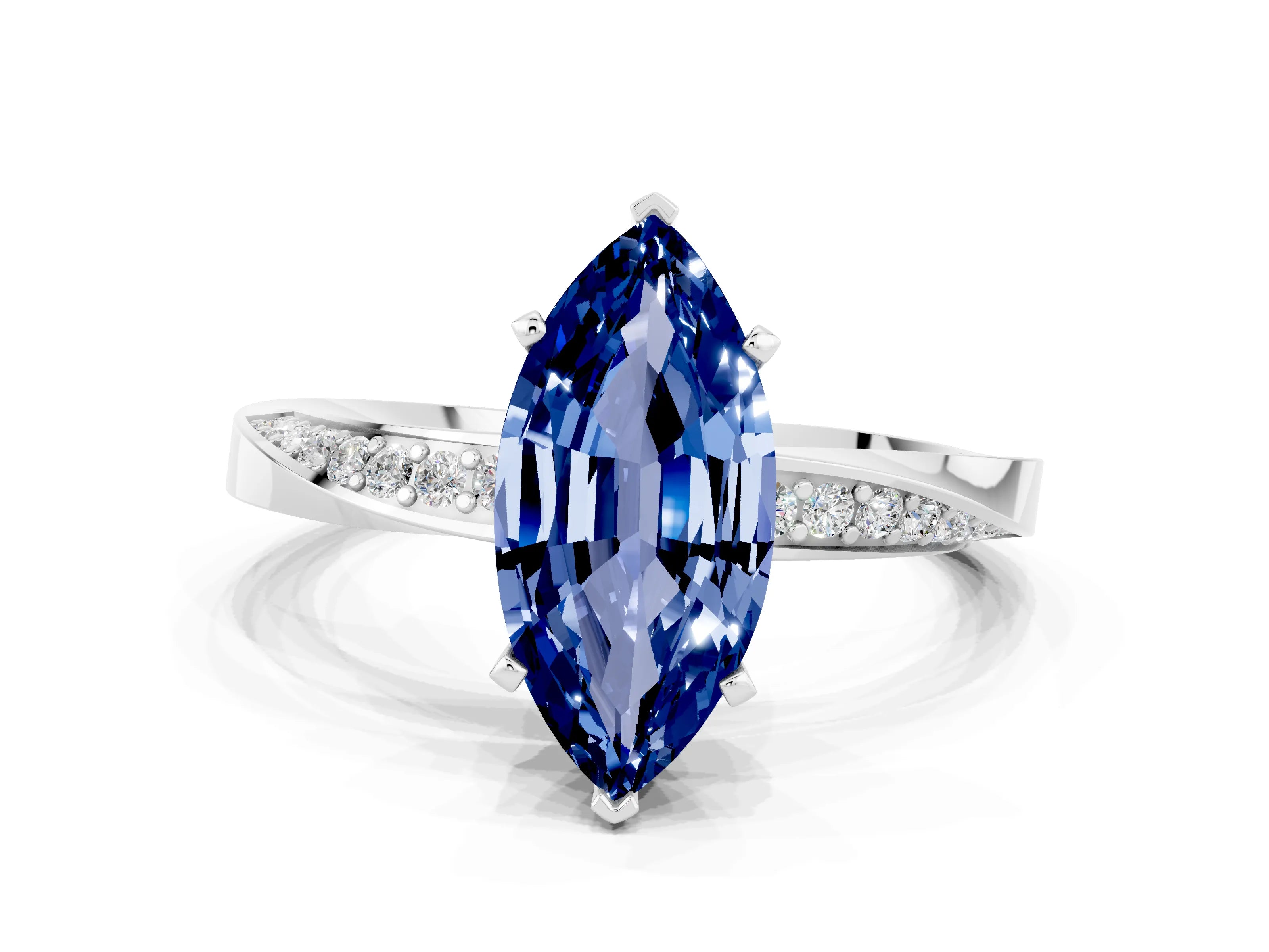 White gold Marquise Cut Blue Sapphire Engagement Ring with Side Stone Accents and Four-Prong Setting_27