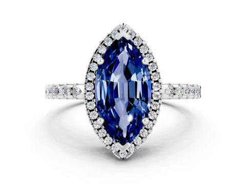 White gold Marquise Cut Blue Sapphire Halo Engagement Ring with Pavé Band and Prong Setting_12