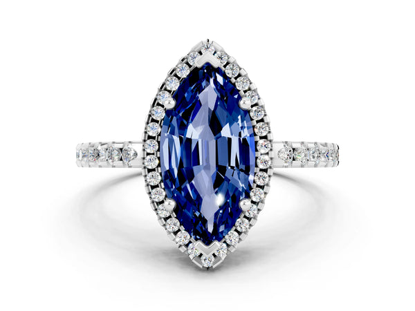 Silver Marquise Cut Blue Sapphire Halo Engagement Ring with Pavé Band and Prong Setting