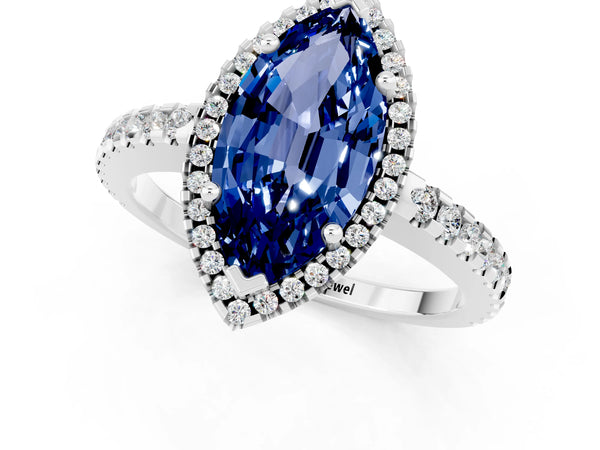 White gold Marquise Cut Blue Sapphire Halo Engagement Ring with Pavé Band and Prong Setting