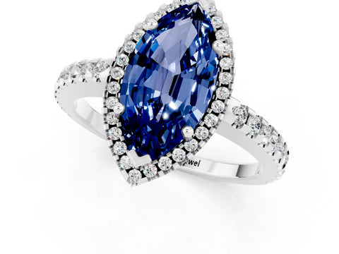 White gold Marquise Cut Blue Sapphire Halo Engagement Ring with Pavé Band and Prong Setting_13