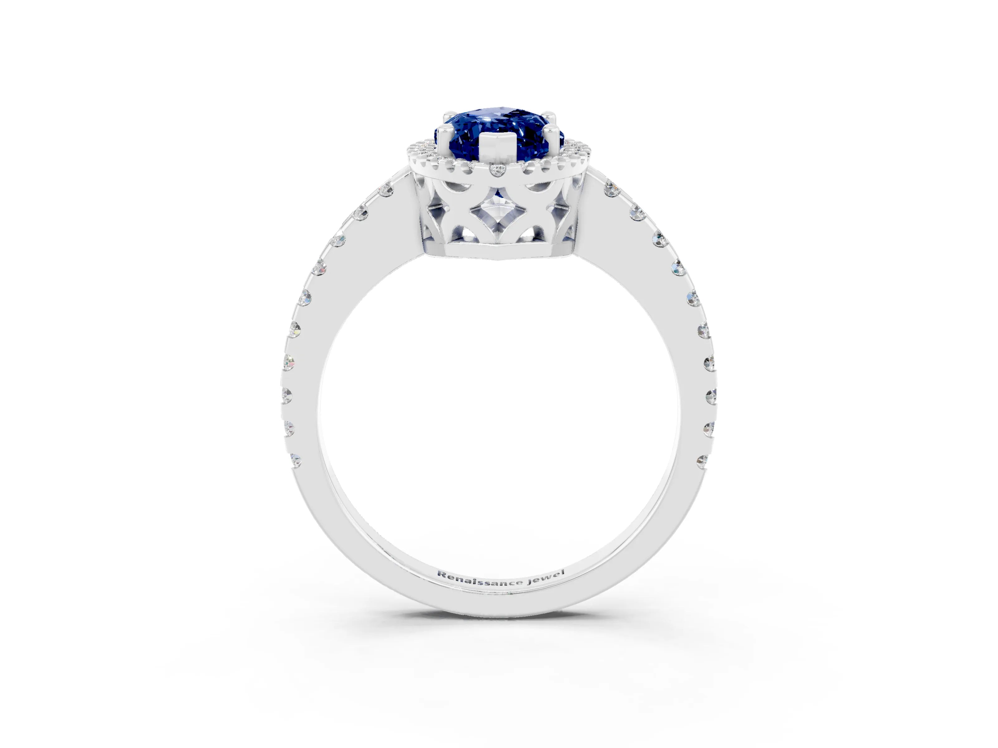 White gold Marquise Cut Blue Sapphire Halo Engagement Ring with Pavé Band and Prong Setting_15