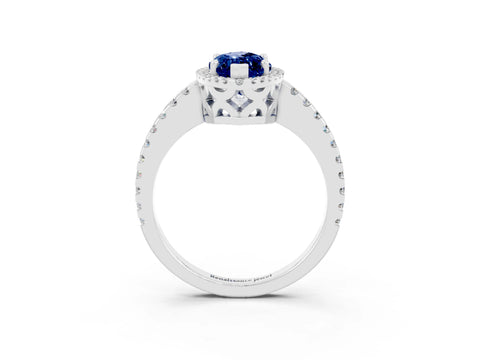 White gold Marquise Cut Blue Sapphire Halo Engagement Ring with Pavé Band and Prong Setting_15