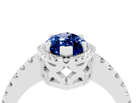 White gold Marquise Cut Blue Sapphire Halo Engagement Ring with Pavé Band and Prong Setting_16
