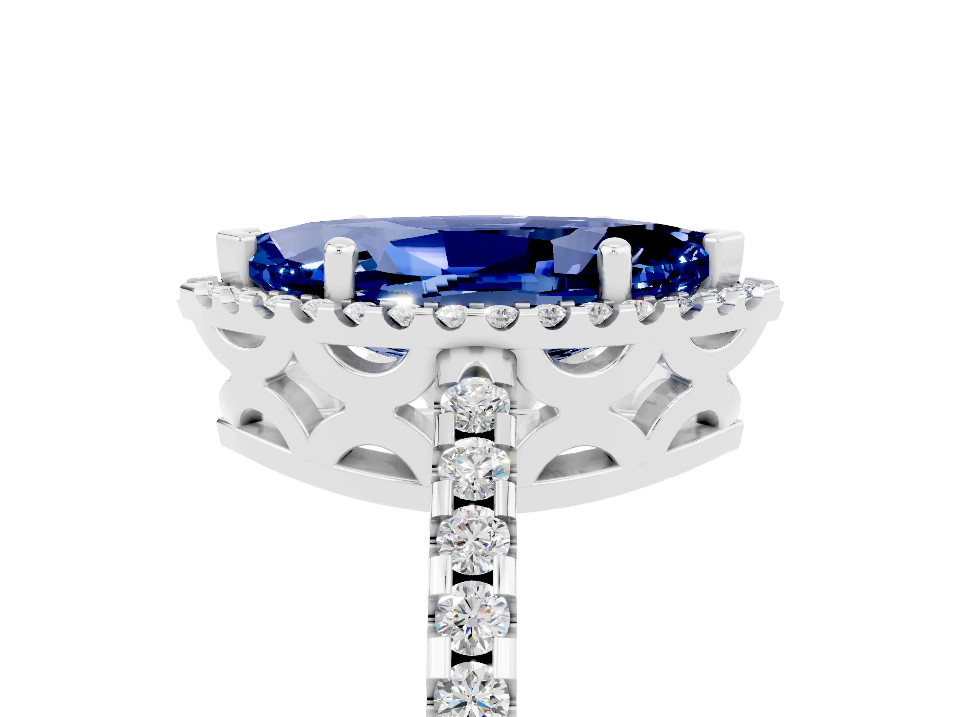 White gold Marquise Cut Blue Sapphire Halo Engagement Ring with Pavé Band and Prong Setting_17