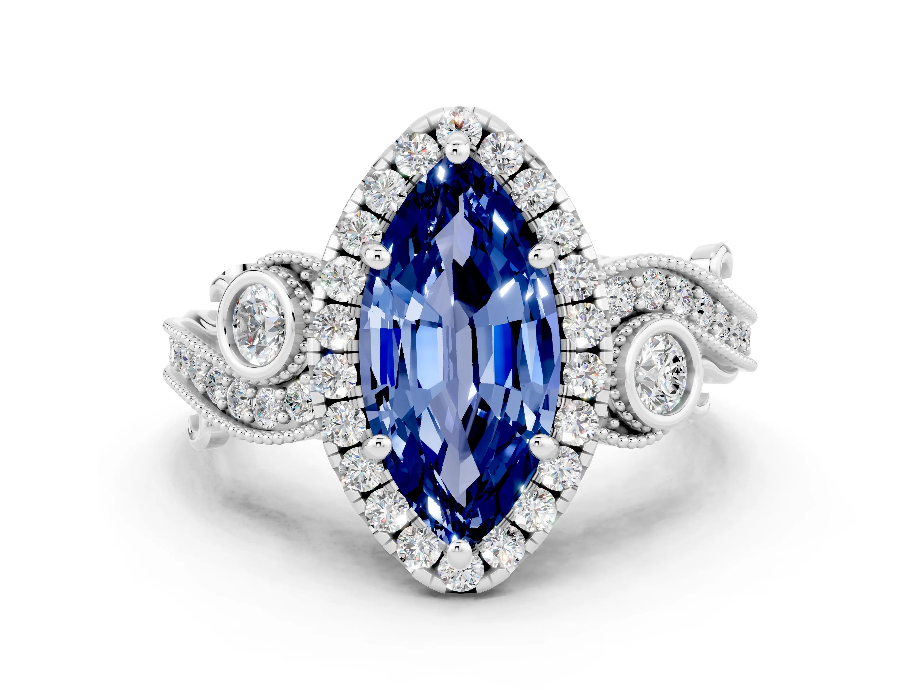 White gold Marquise Cut Blue Sapphire Halo Ring with Milgrain Pavé Band and Four-Prong Setting_12