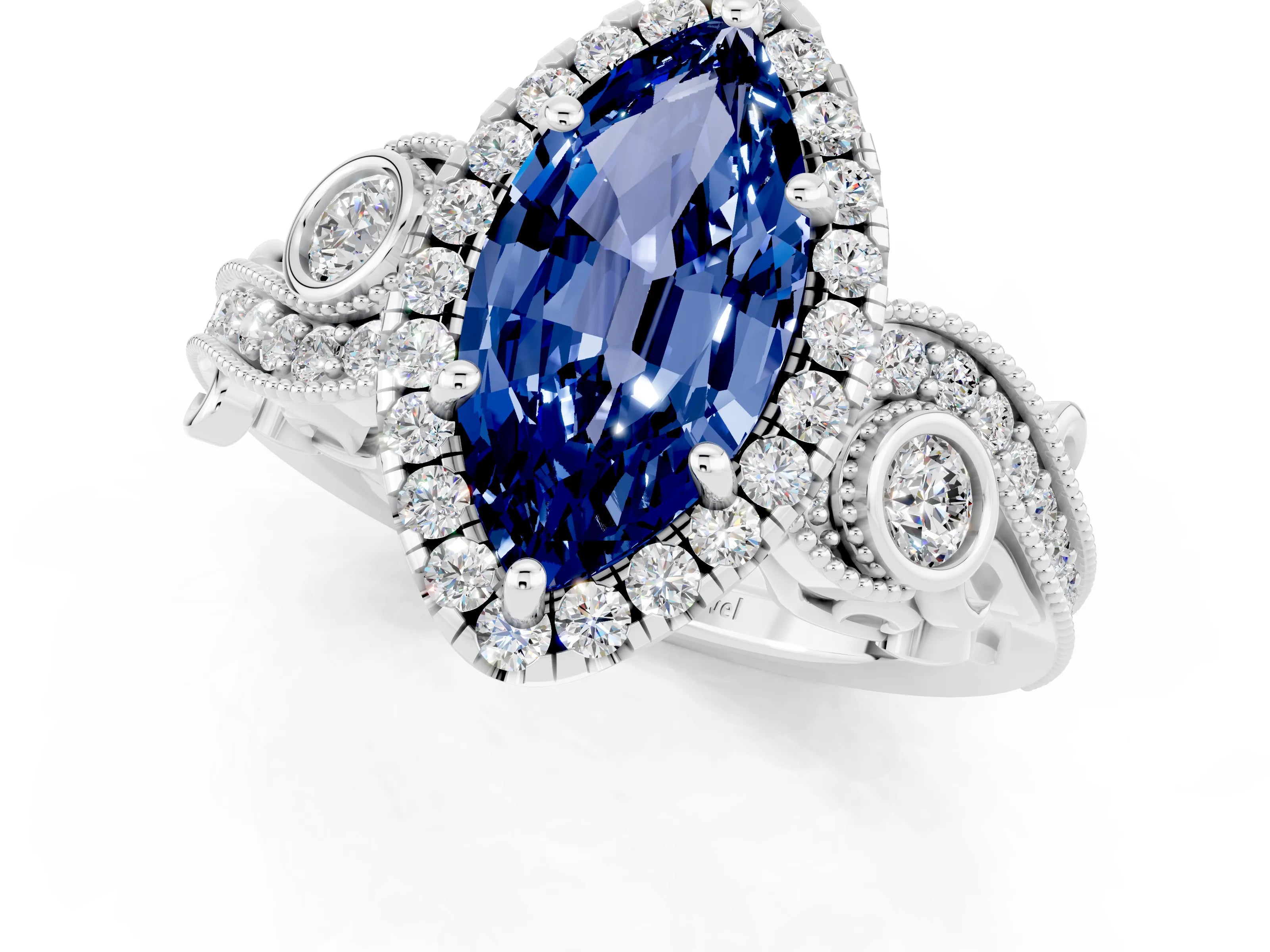 White gold Marquise Cut Blue Sapphire Halo Ring with Milgrain Pavé Band and Four-Prong Setting_13