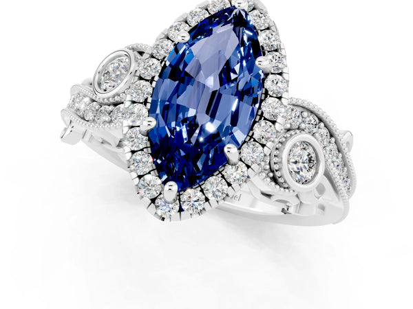 Silver Marquise Cut Blue Sapphire Halo Ring with Milgrain Pavé Band and Four-Prong Setting