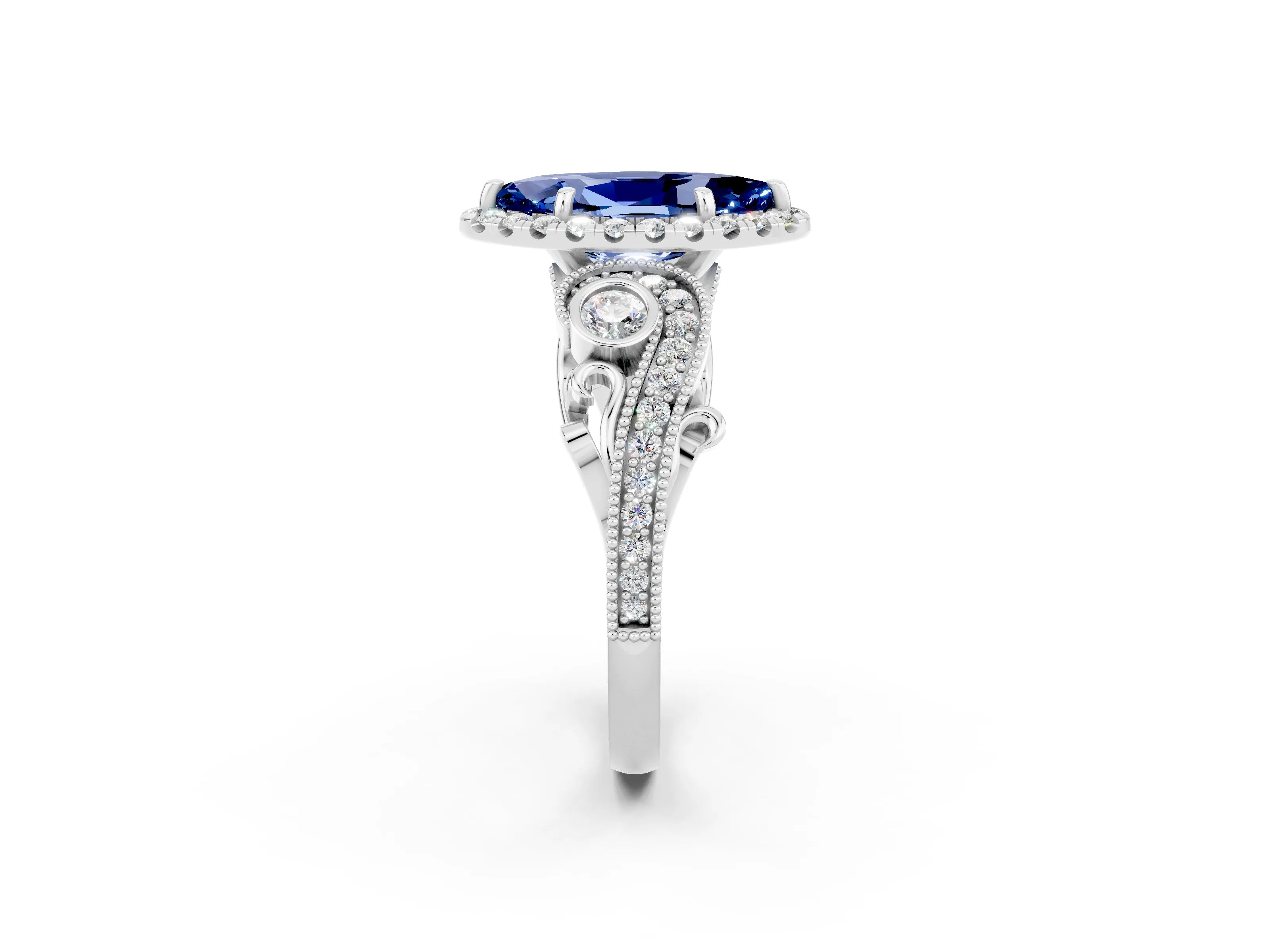 White gold Marquise Cut Blue Sapphire Halo Ring with Milgrain Pavé Band and Four-Prong Setting_14