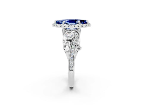 White gold Marquise Cut Blue Sapphire Halo Ring with Milgrain Pavé Band and Four-Prong Setting_14