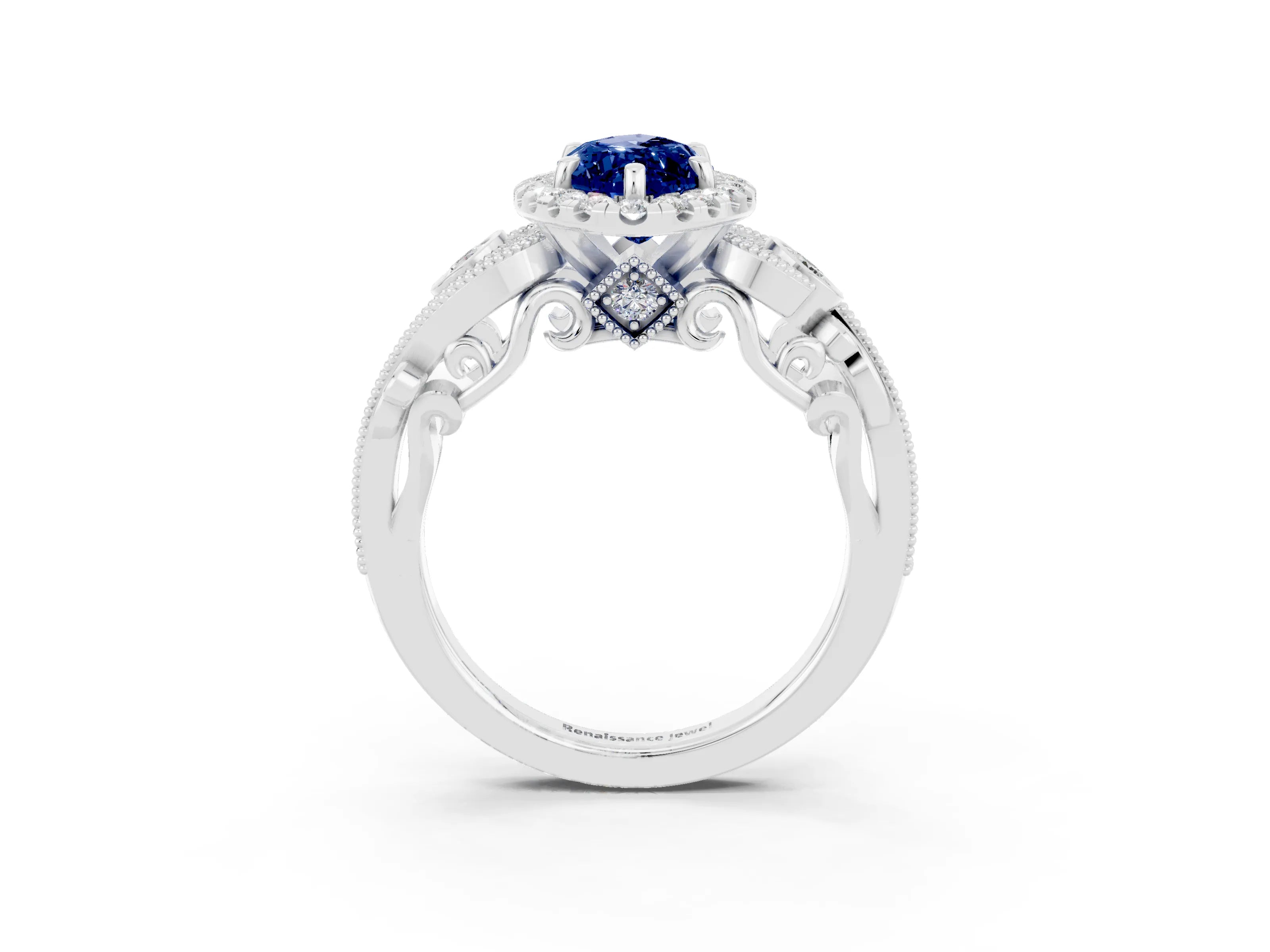 White gold Marquise Cut Blue Sapphire Halo Ring with Milgrain Pavé Band and Four-Prong Setting_15
