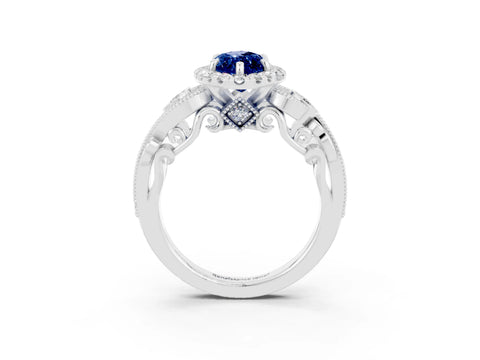 White gold Marquise Cut Blue Sapphire Halo Ring with Milgrain Pavé Band and Four-Prong Setting_15