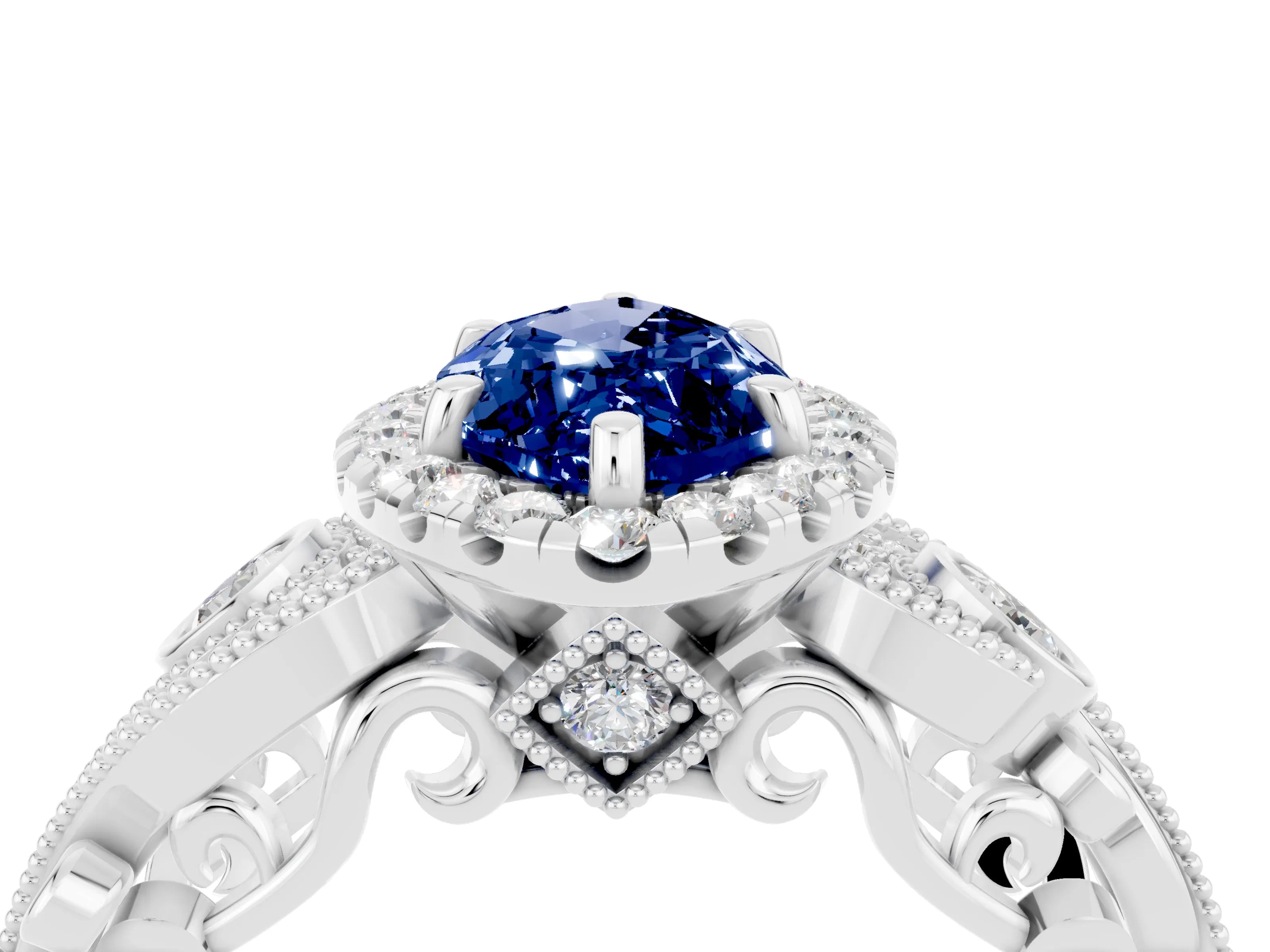 White gold Marquise Cut Blue Sapphire Halo Ring with Milgrain Pavé Band and Four-Prong Setting_16