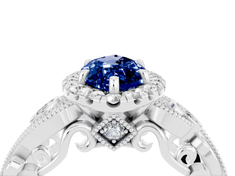 White gold Marquise Cut Blue Sapphire Halo Ring with Milgrain Pavé Band and Four-Prong Setting_16