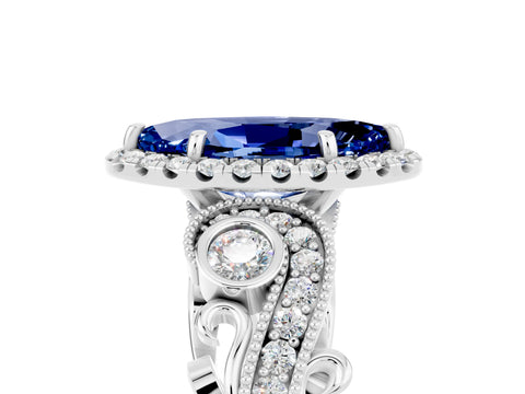White gold Marquise Cut Blue Sapphire Halo Ring with Milgrain Pavé Band and Four-Prong Setting_17