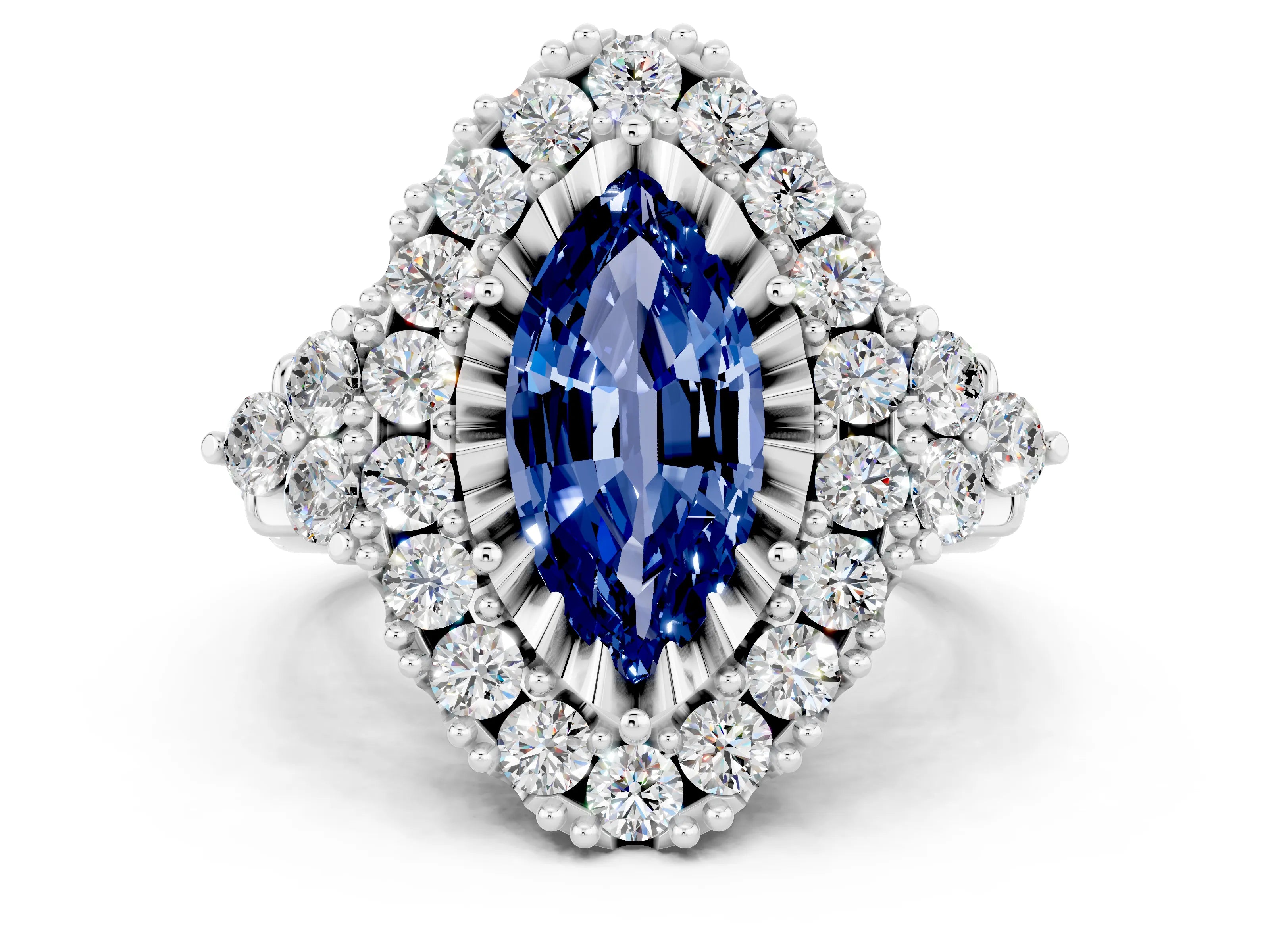White gold Marquise Cut Blue Sapphire Halo Ring with Pavé Band and Four-Prong Setting_12