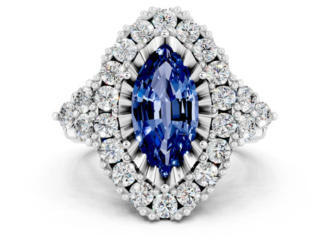 White gold Marquise Cut Blue Sapphire Halo Ring with Pavé Band and Four-Prong Setting_12