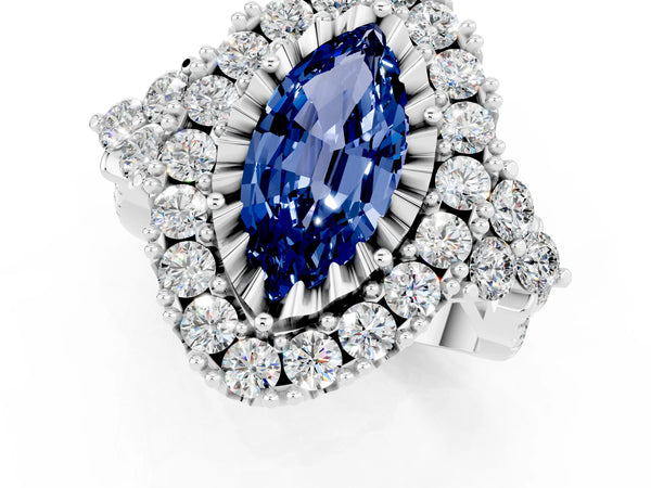 Platinum Marquise Cut Blue Sapphire Halo Ring with Pavé Band and Four-Prong Setting