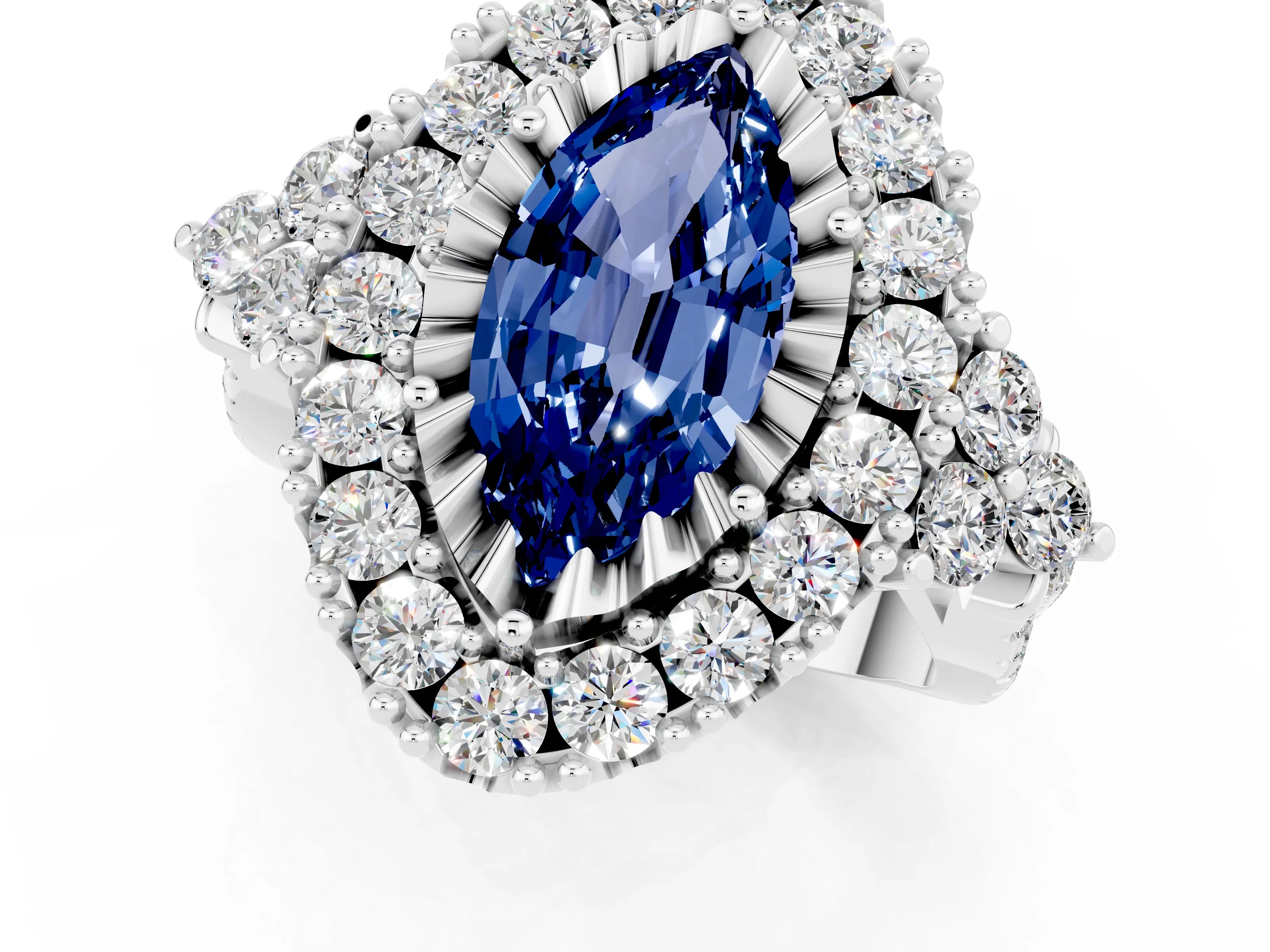 White gold Marquise Cut Blue Sapphire Halo Ring with Pavé Band and Four-Prong Setting_13