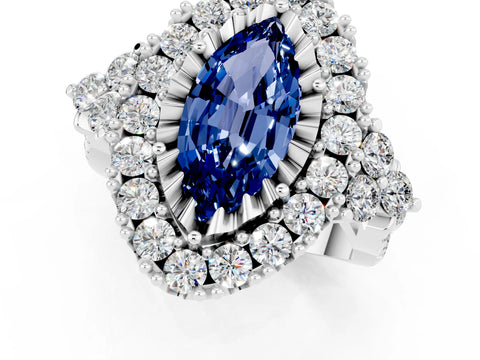 White gold Marquise Cut Blue Sapphire Halo Ring with Pavé Band and Four-Prong Setting_13