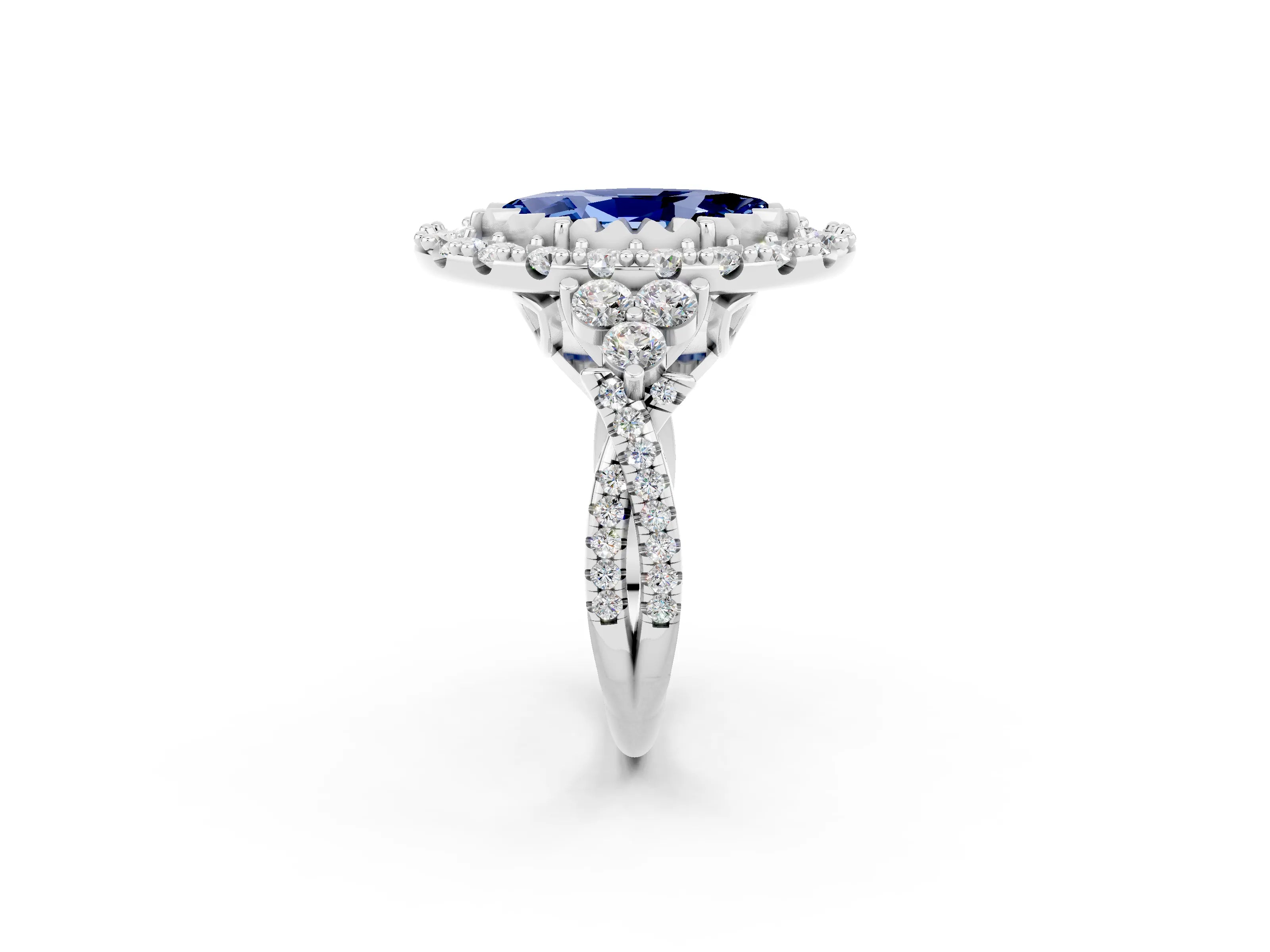 White gold Marquise Cut Blue Sapphire Halo Ring with Pavé Band and Four-Prong Setting_14