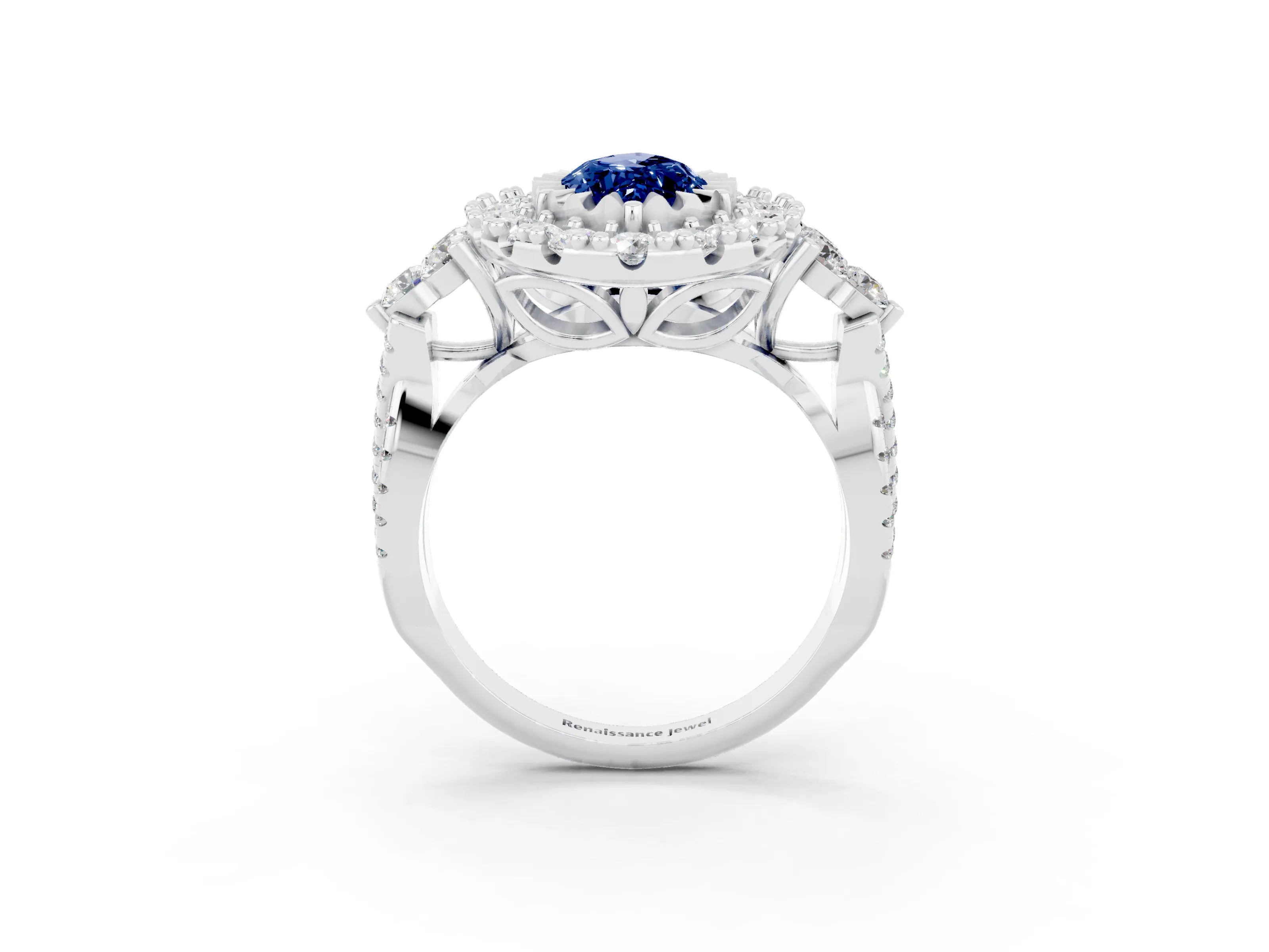 White gold Marquise Cut Blue Sapphire Halo Ring with Pavé Band and Four-Prong Setting_15