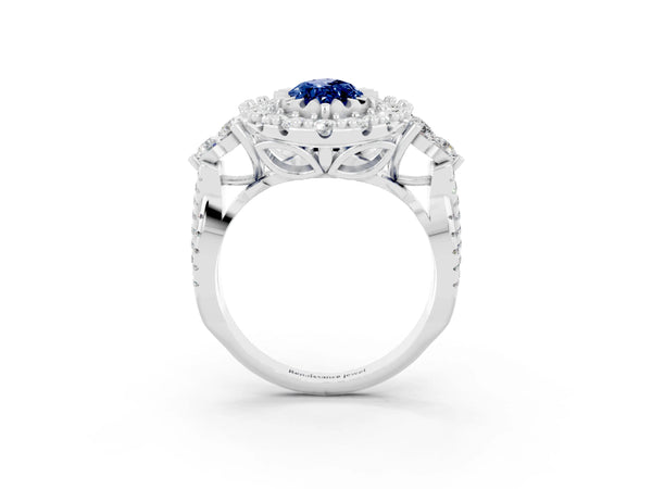 White gold Marquise Cut Blue Sapphire Halo Ring with Pavé Band and Four-Prong Setting