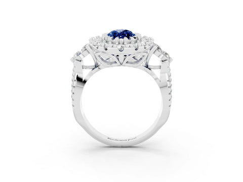White gold Marquise Cut Blue Sapphire Halo Ring with Pavé Band and Four-Prong Setting_15