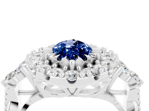 White gold Marquise Cut Blue Sapphire Halo Ring with Pavé Band and Four-Prong Setting_16
