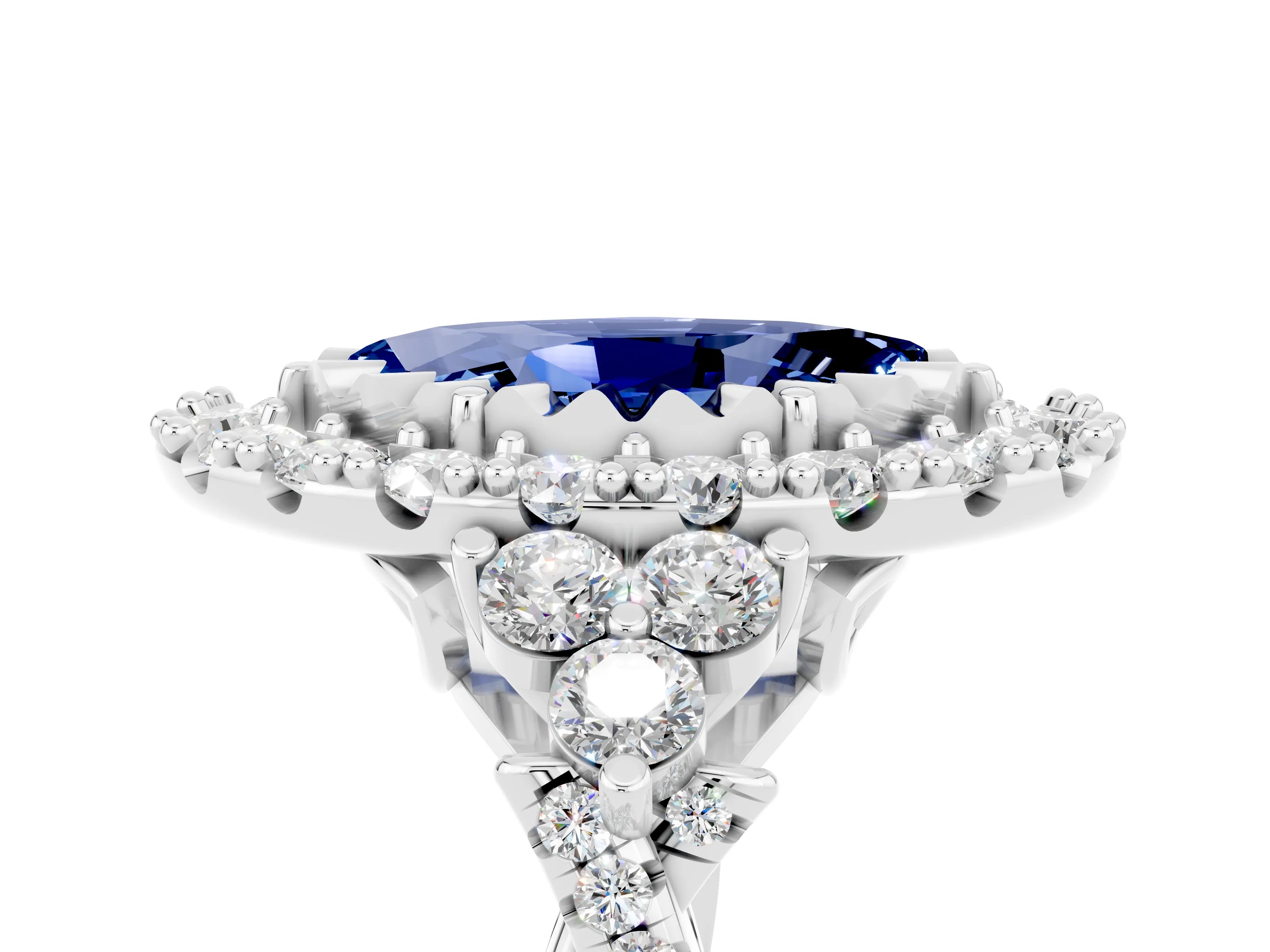 White gold Marquise Cut Blue Sapphire Halo Ring with Pavé Band and Four-Prong Setting_17