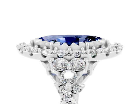White gold Marquise Cut Blue Sapphire Halo Ring with Pavé Band and Four-Prong Setting_17