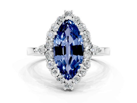 White gold Marquise Cut Blue Sapphire Halo Ring with Pear Side Stones and Prong Setting_24