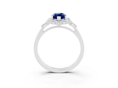 White gold Marquise Cut Blue Sapphire Halo Ring with Pear Side Stones and Prong Setting_27