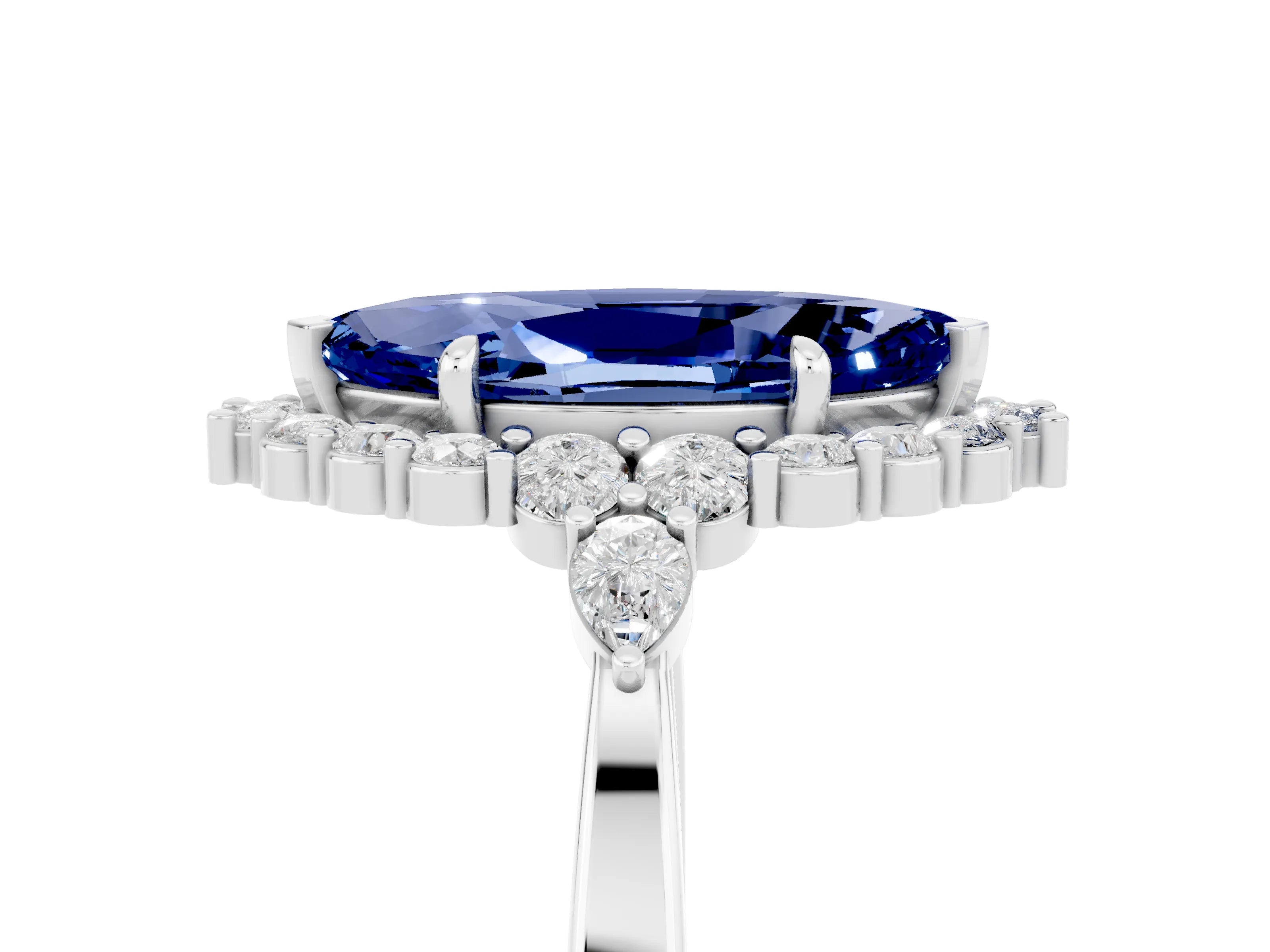 White gold Marquise Cut Blue Sapphire Halo Ring with Pear Side Stones and Prong Setting_29
