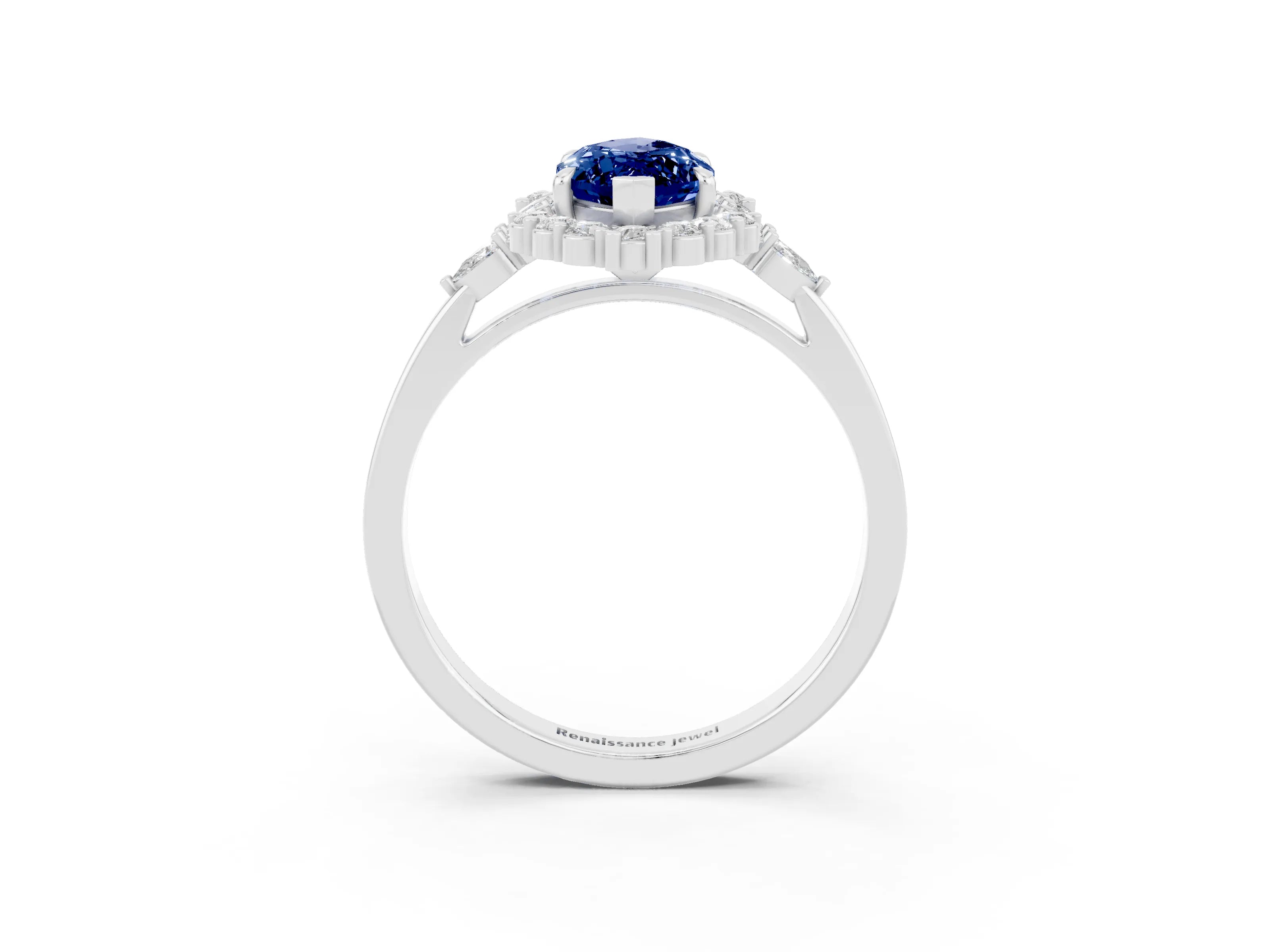 White gold Marquise Cut Blue Sapphire Halo Ring with Pear Side Stones and Prong Setting_33