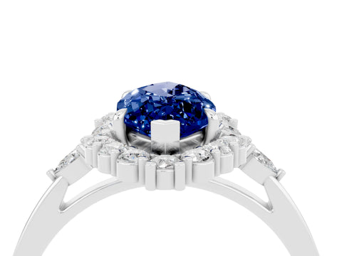 White gold Marquise Cut Blue Sapphire Halo Ring with Pear Side Stones and Prong Setting_34