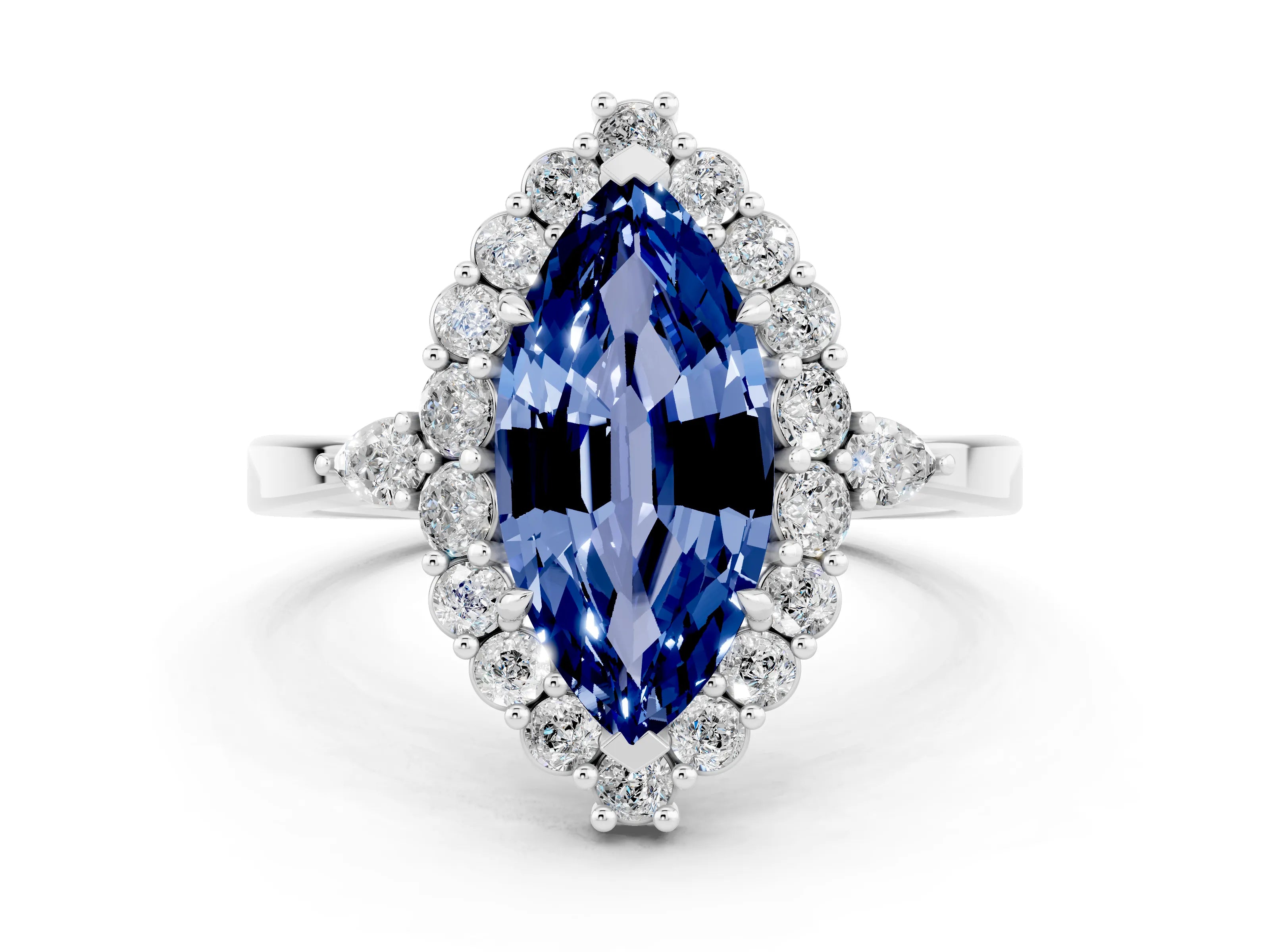 White gold Marquise Cut Blue Sapphire Halo Ring with Pear Side Stones and Prong Setting_35