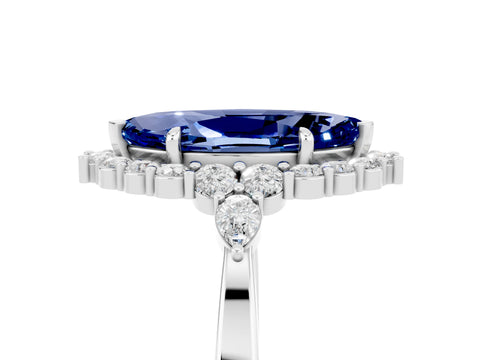 White gold Marquise Cut Blue Sapphire Halo Ring with Pear Side Stones and Prong Setting_35