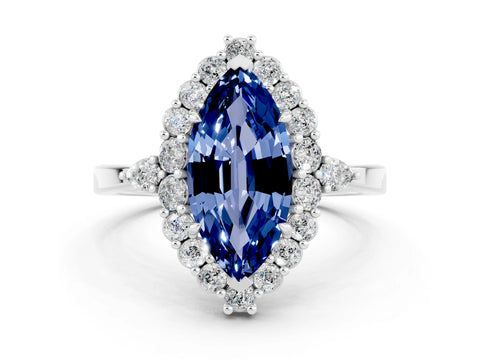 White gold Marquise Cut Blue Sapphire Halo Ring with Pear Side Stones and Prong Setting_35