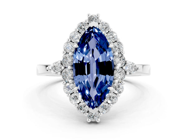 Platinum Marquise Cut Blue Sapphire Halo Ring with Pear Side Stones and Prong Setting