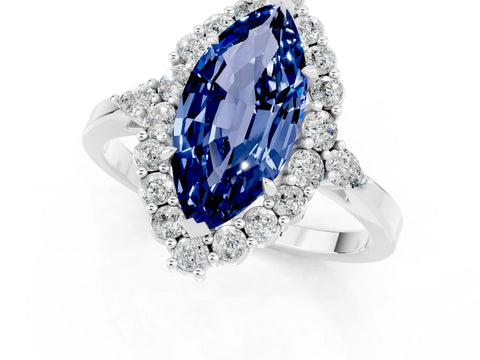 White gold Marquise Cut Blue Sapphire Halo Ring with Pear Side Stones and Prong Setting_37
