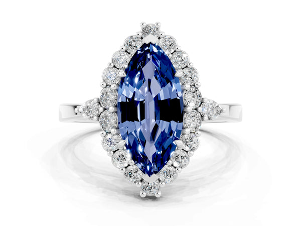 Silver Marquise Cut Blue Sapphire Halo Ring with Pear Side Stones and Prong Setting