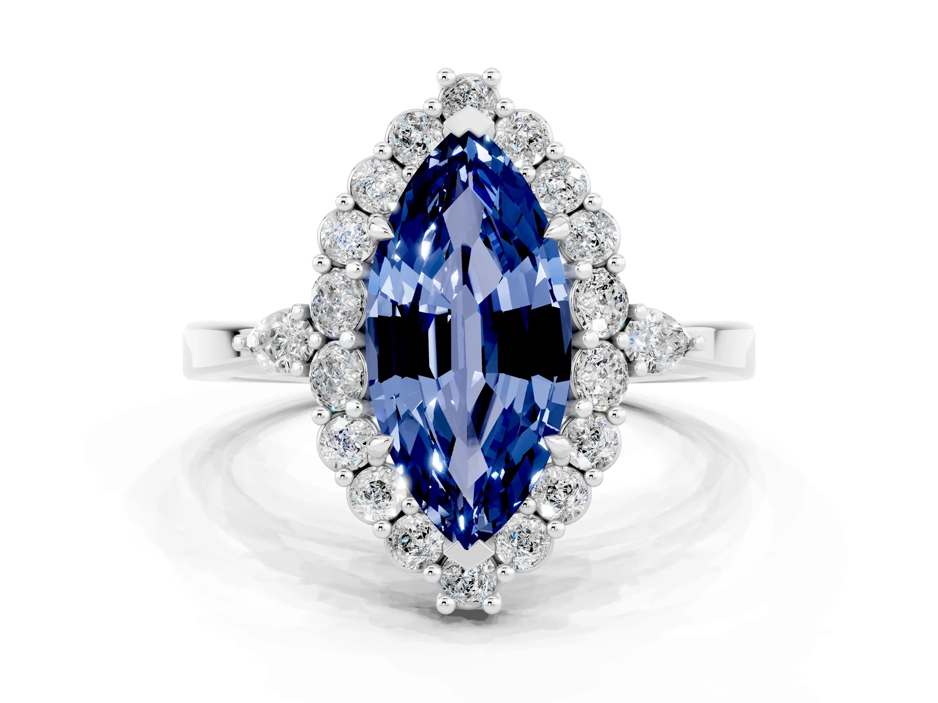 White gold Marquise Cut Blue Sapphire Halo Ring with Pear Side Stones and Prong Setting_48