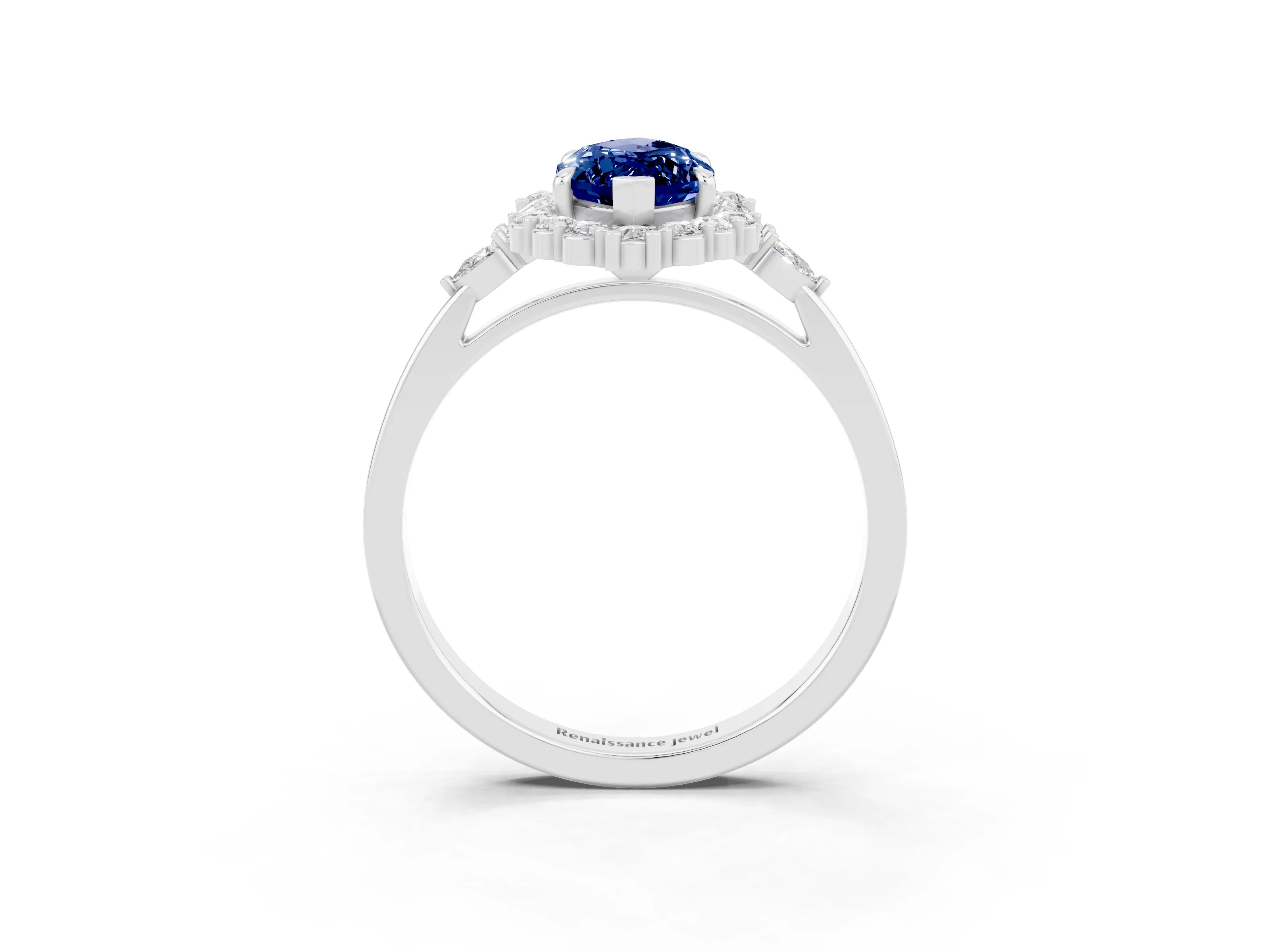White gold Marquise Cut Blue Sapphire Halo Ring with Pear Side Stones and Prong Setting_51