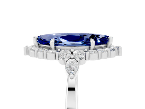 White gold Marquise Cut Blue Sapphire Halo Ring with Pear Side Stones and Prong Setting_53