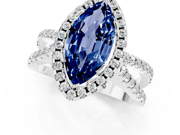 Platinum Marquise Cut Blue Sapphire Halo Ring with Split Shank Pavé Band and Prong Setting