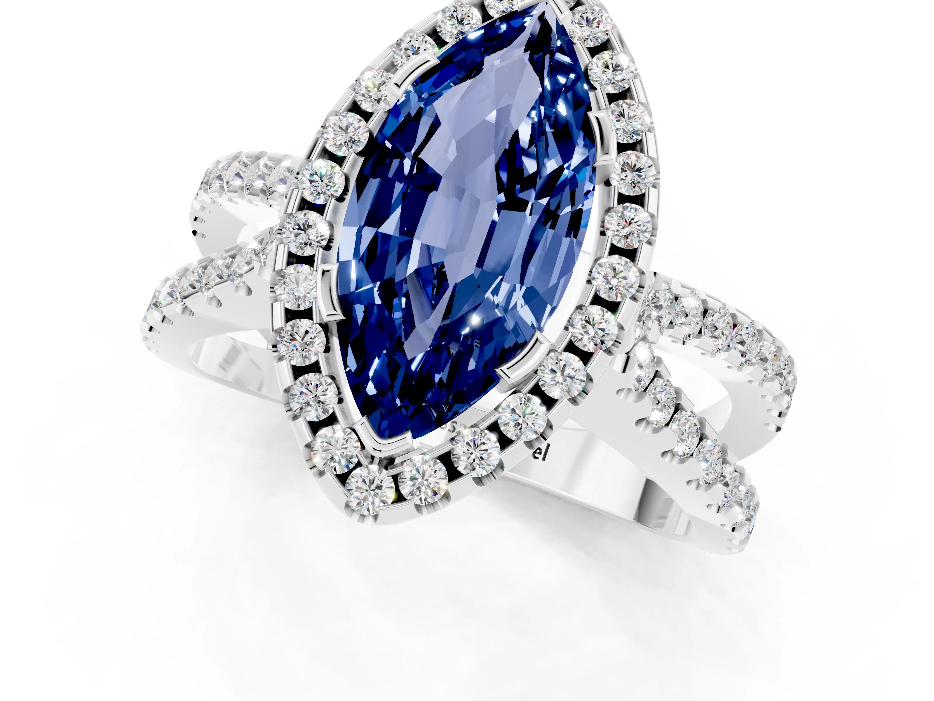 White gold Marquise Cut Blue Sapphire Halo Ring with Split Shank Pavé Band and Prong Setting_1